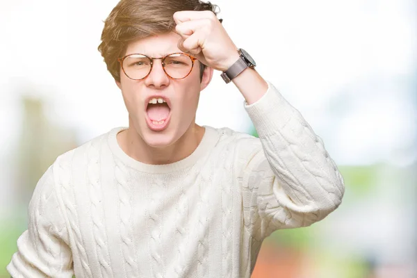 Young Handsome Man Wearing Glasses Isolated Background Angry Mad Raising — Stock Photo, Image