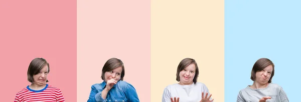 Colagem Mulher Síndrome Sobre Listras Coloridas Fundo Isolado Expressão Repugnante — Fotografia de Stock
