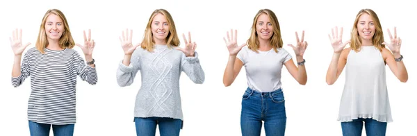 Colagem Bela Mulher Loira Sobre Fundo Isolado Branco Mostrando Apontando — Fotografia de Stock