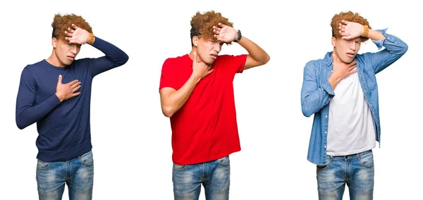 Kolaż Młodego Mężczyzny Ubrany Różne Spojrzenia Białym Tle Dotykając Czoła — Zdjęcie stockowe