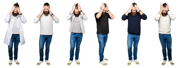 Collage of young man with bun over white isolated background suffering from headache desperate and stressed because pain and migraine. Hands on head.