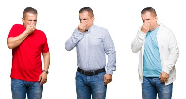 İzole arka plan üzerinde Arap orta yaş adamın bileşimi koku ve mide bulandırıcı bir şey kokusu, burun üzerinde parmaklar ile nefes tutarak. Kötü koku kavramı.