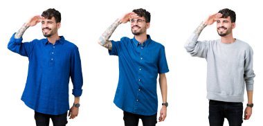 Kolaj izole arka plan çok mutlu ve gülümseyen uzakta el ile üzerine kafa arıyorum genç adam. Arama kavramı.