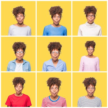 Sarı izole arka plan üzerinde genç güzel Afrikalı kız kolaj dudaklar, çılgın ve komik jest ile balık yüz yapma. Komik ifade.