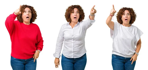 Collage Mujer Mayor Mediana Edad Sobre Fondo Blanco Aislado Señalando — Foto de Stock