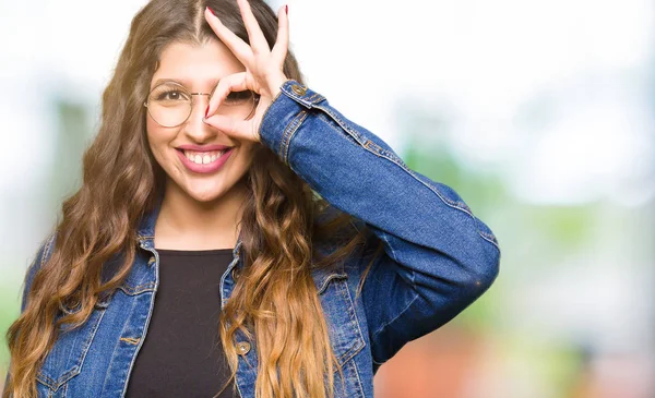 Young Beautiful Woman Wearing Glasses Denim Jacket Doing Gesture Hand — Stock Photo, Image