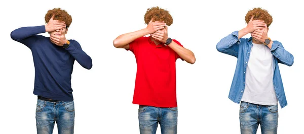 Collage Eines Jungen Mannes Mit Unterschiedlichen Blicken Vor Isoliertem Weißen — Stockfoto