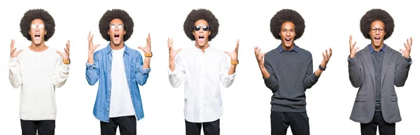 Collage Young Man Afro Hair White Isolated Background Crazy Mad — Stock Photo, Image