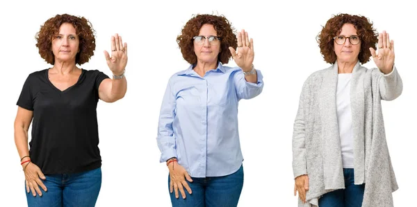 中年老年妇女在白色孤立的背景下做停止与手掌唱歌 脸上带有负面和严肃手势的警告表情 — 图库照片