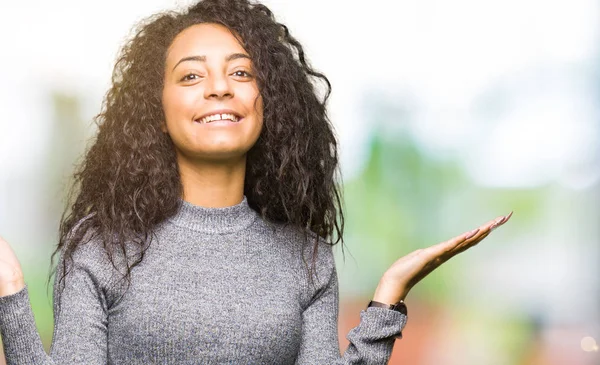 Young Beautiful Girl Curly Hair Clueless Confused Expression Arms Hands — Stock Photo, Image