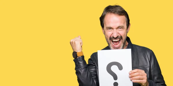 Handsome Middle Age Man Holding Paper Question Mark Screaming Proud — Stock Photo, Image