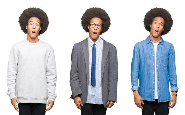 Collage Ung Man Med Afro Hår Över Vit Isolerad Bakgrund — Stockfoto