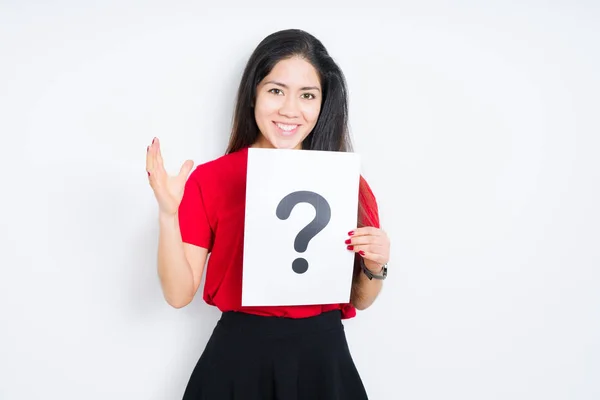 Young Brunette Woman Holding Paper Question Mark Isolated Background Very — Stock Photo, Image