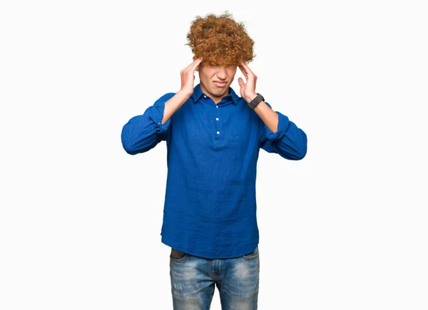 Young Handsome Elegant Man Afro Hair Hand Head Pain Head — Stock Photo, Image