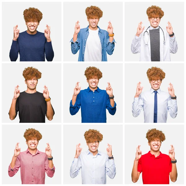 Collage Van Jonge Man Het Dragen Van Verschillende Kijkt Geïsoleerde — Stockfoto