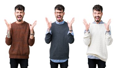 Kolaj genç adam izole arka plan üzerinde bir kazak giyiyor deli ve silah ile başarı için deli kutlamak kaldırdı ve gözleri heyecanlı çığlık kapattı. Kazanan kavramı