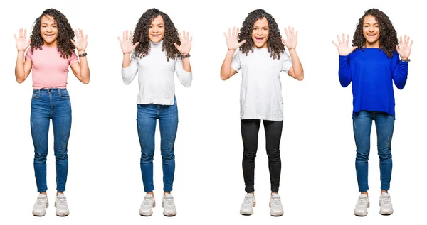 Collage Belle Jeune Femme Aux Cheveux Bouclés Sur Fond Blanc — Photo