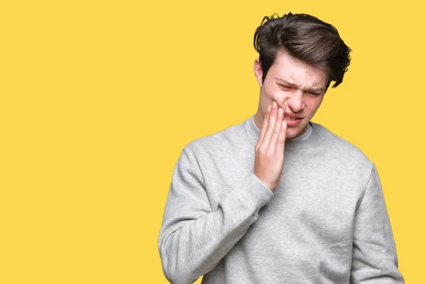 Young Handsome Sporty Man Wearing Sweatshirt Isolated Background Touching Mouth — Stock Photo, Image