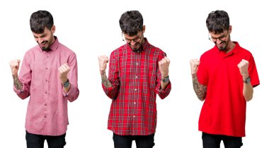 İzole arka plan üzerinde gözlük takan genç adam kolaj çok mutlu ve heyecanlı silah kaldırdı, gülümseyen ve başarı için çığlık ile kazanan jest yapıyor. Kutlama konsepti.