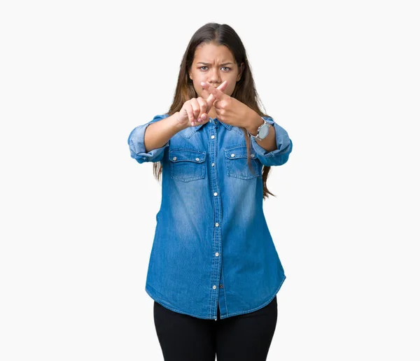 Joven Hermosa Morena Con Camisa Mezclilla Azul Sobre Fondo Aislado — Foto de Stock