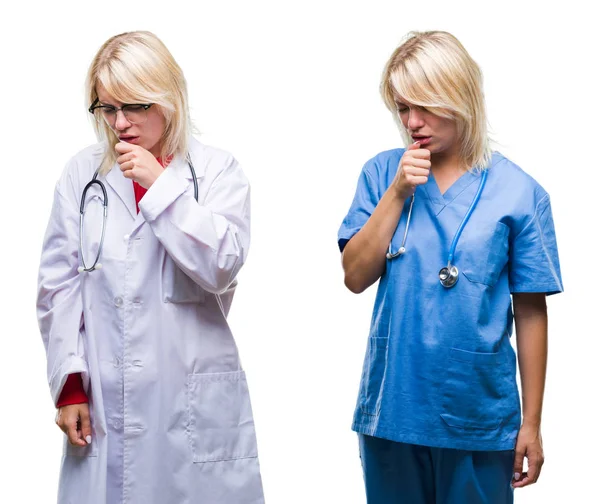 風邪や気管支炎の症状として 白い孤立した背景の上に医師と看護師の女性のコラージュが体調を悪くし 咳を感じる ヘルスケアの概念 — ストック写真