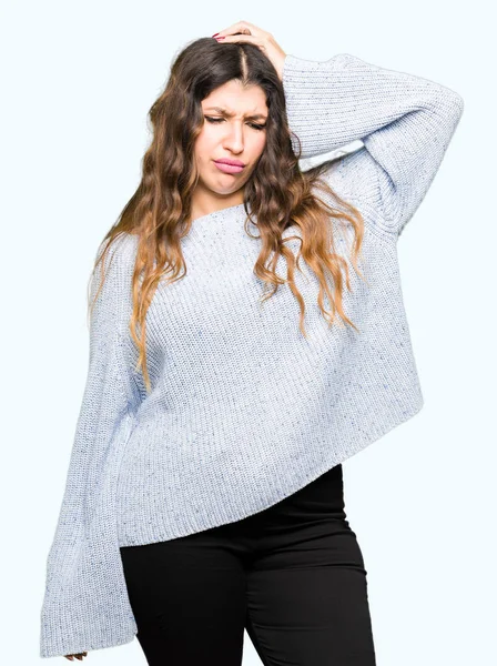 Junge Schöne Frau Winterpullover Verwirren Und Fragen Sich Über Frage — Stockfoto