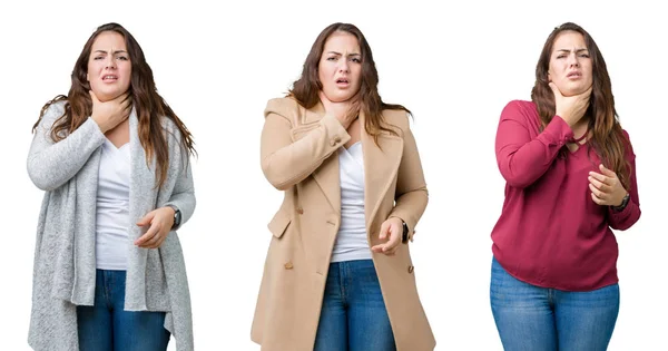 Collage Hermosa Mujer Talla Grande Sobre Fondo Aislado Tocar Cuello — Foto de Stock