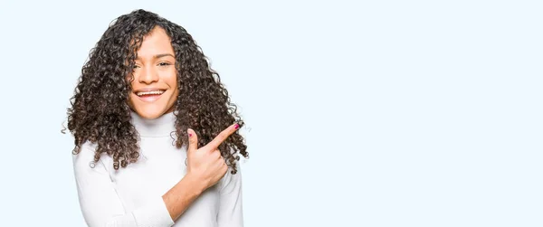 Young Beautiful Woman Curly Hair Wearing Turtleneck Sweater Cheerful Smile — Stock Photo, Image