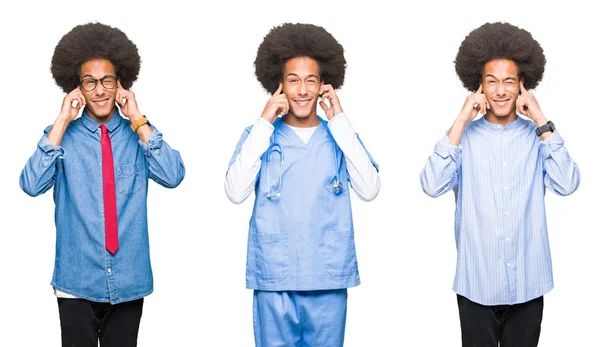 Collage Ung Man Med Afro Hår Över Vit Isolerad Bakgrund — Stockfoto