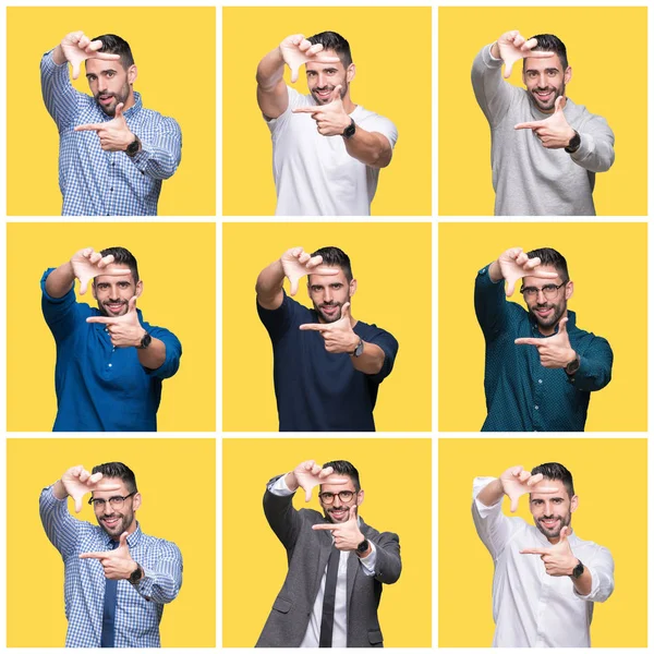Collage of handsome man over yellow isolated background smiling making frame with hands and fingers with happy face. Creativity and photography concept.
