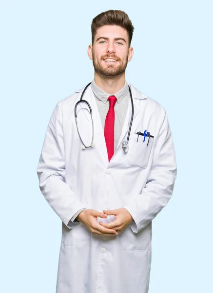 Young Handsome Doctor Man Wearing Medical Coat Hands Together Fingers — Stock Photo, Image