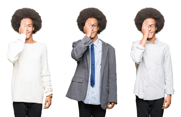 Collage Giovane Uomo Con Capelli Afro Sfondo Bianco Isolato Che — Foto Stock