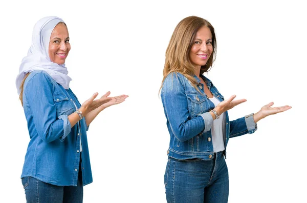 Коллаж Красивой Арабской Женщины Среднего Возраста Изолированном Фоне Приглашение Войти — стоковое фото