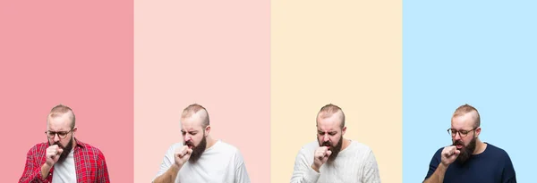 Collage Ung Man Med Skägg Över Färgglada Ränder Isolerad Bakgrund — Stockfoto