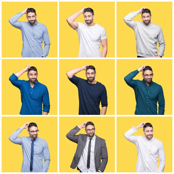 Collage Hombre Guapo Sobre Fondo Aislado Amarillo Confundir Preguntarse Acerca —  Fotos de Stock