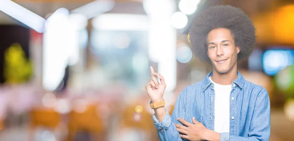 Young African American Man Afro Hair Big Smile Face Pointing — Stock Photo, Image