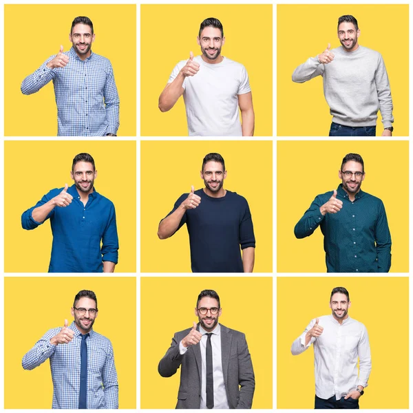 Colagem Homem Bonito Sobre Fundo Isolado Amarelo Fazendo Polegares Felizes — Fotografia de Stock