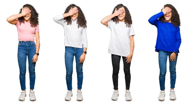 Collage Hermosa Mujer Joven Con Pelo Rizado Sobre Fondo Blanco —  Fotos de Stock