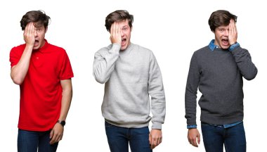 El yüz ve sürpriz duygu kendinden emin gülümseme ile tek gözüyle kapsayan beyaz izole arka plan üzerinde genç adam kolaj.