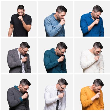 İzole arka plan üzerinde yakışıklı adam kolaj duygusuz ve soğuk veya bronşit için belirti olarak öksürük. Sağlık konsepti.