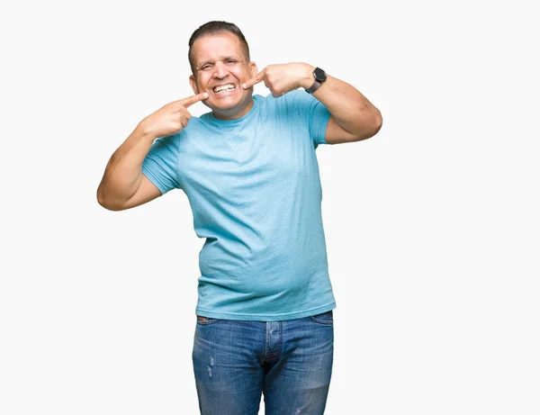 Homem Árabe Meia Idade Vestindo Camiseta Azul Sobre Fundo Isolado — Fotografia de Stock