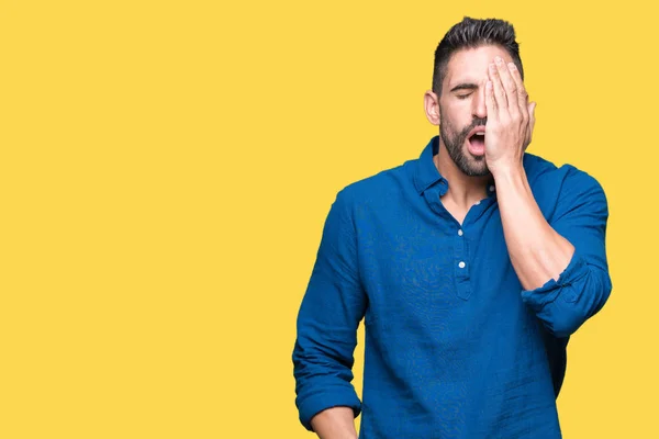 Young Handsome Man Isolated Background Yawning Tired Covering Half Face — Stock Photo, Image