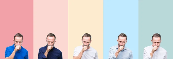 Collage Eines Älteren Hoary Gutaussehenden Mannes Über Bunten Streifen Isoliert — Stockfoto
