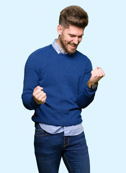 Young Handsome Bussines Man Very Happy Excited Doing Winner Gesture — Stock Photo, Image