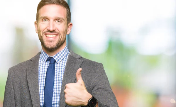 Handsome business man wearing suit and tie doing happy thumbs up gesture with hand. Approving expression looking at the camera with showing success.