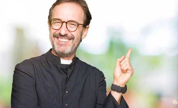 Middle Age Priest Man Wearing Catholic Robe Big Smile Face — Stock Photo, Image