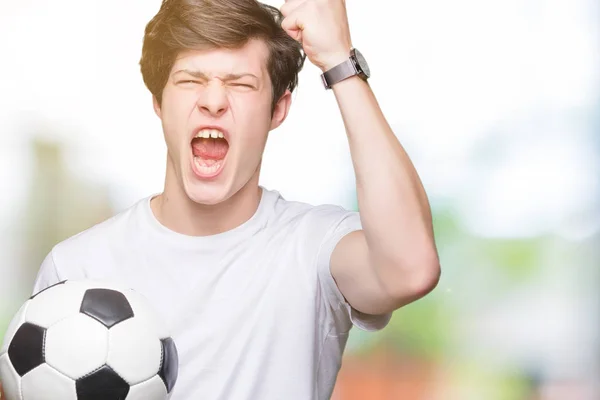 Young Man Holding Soccer Football Ball Isolated Background Annoyed Frustrated — Stock Photo, Image