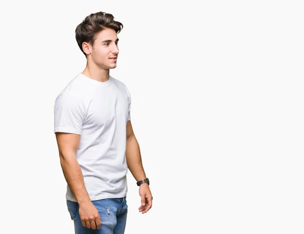 Giovane Bell Uomo Che Indossa Shirt Bianca Sfondo Isolato Guardando — Foto Stock