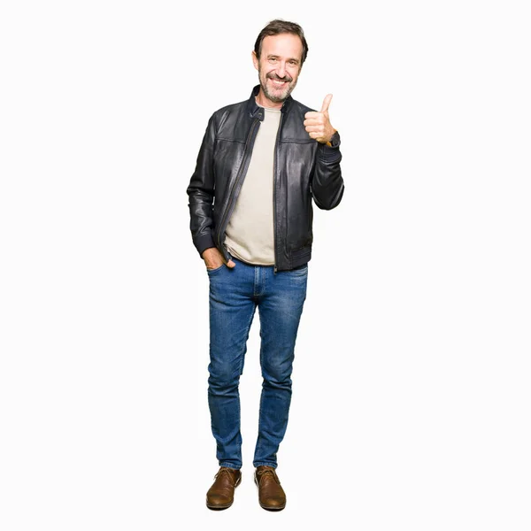 Middle Age Handsome Man Wearing Black Leather Jacket Doing Happy — Stock Photo, Image