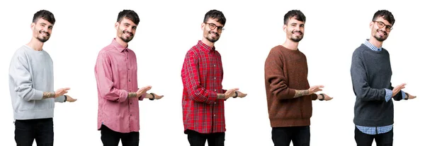 Colagem Jovem Sobre Fundo Isolado Convidando Para Entrar Sorrindo Natural — Fotografia de Stock